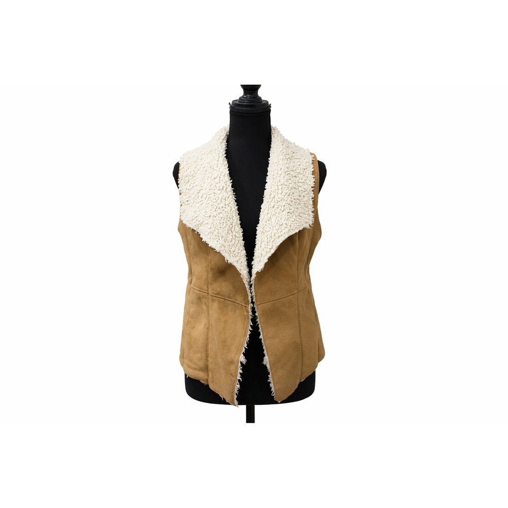 Talbots Faux Shearling Suede Vest SP Tan Open Front Cozy Western Layer - Picture 2 of 6